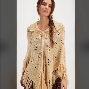 Free People x Understated Leather poncho  fringe open weave one size new NWOT